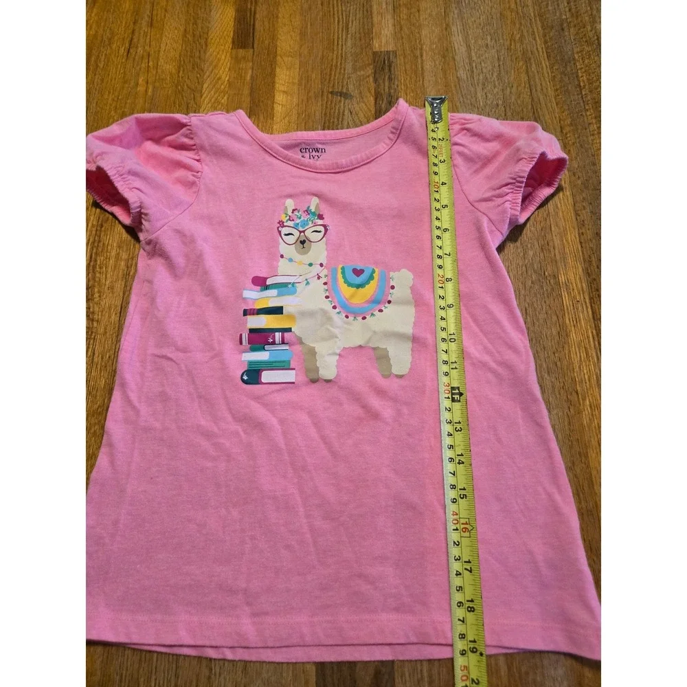 Crown & Ivy Girls Medium Pink‎ Llama Books Puff Short Sleeve Striped Short Set